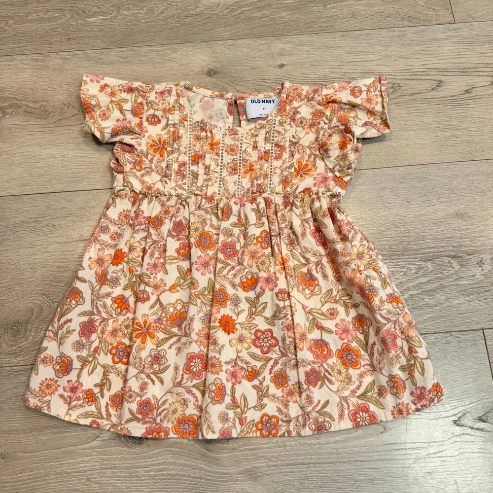 Old Navy Girls‎ Floral Flutter Sleeve Shirt Size 5T Orange Pink Cream Flowers